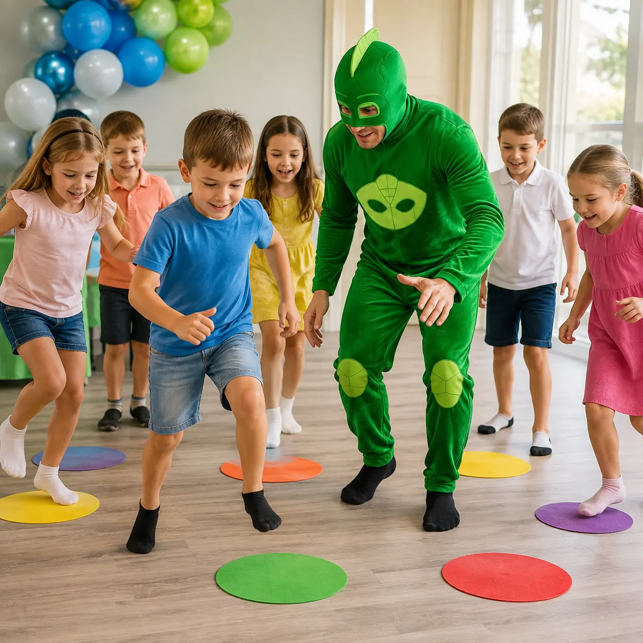 Animator în costum verde Șopi și copii lângă cercuri colorate așezate pe podea.